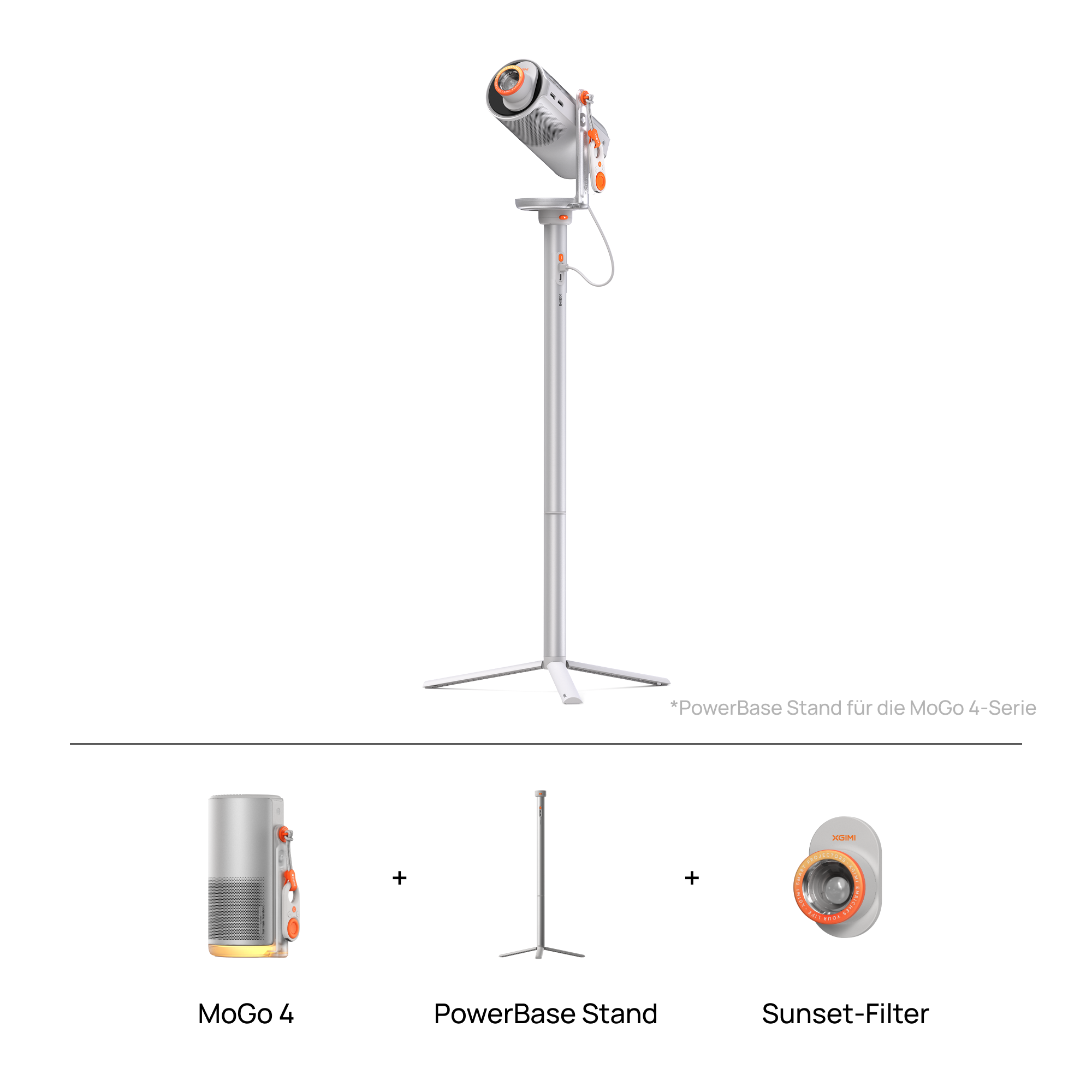 XGIMI MoGo 4 + PowerBase-Standfuß-Set: Ein kompakter 1080p Smart-Projektor mit Bodenständer und integriertem Akku für eine längere Wiedergabezeit.