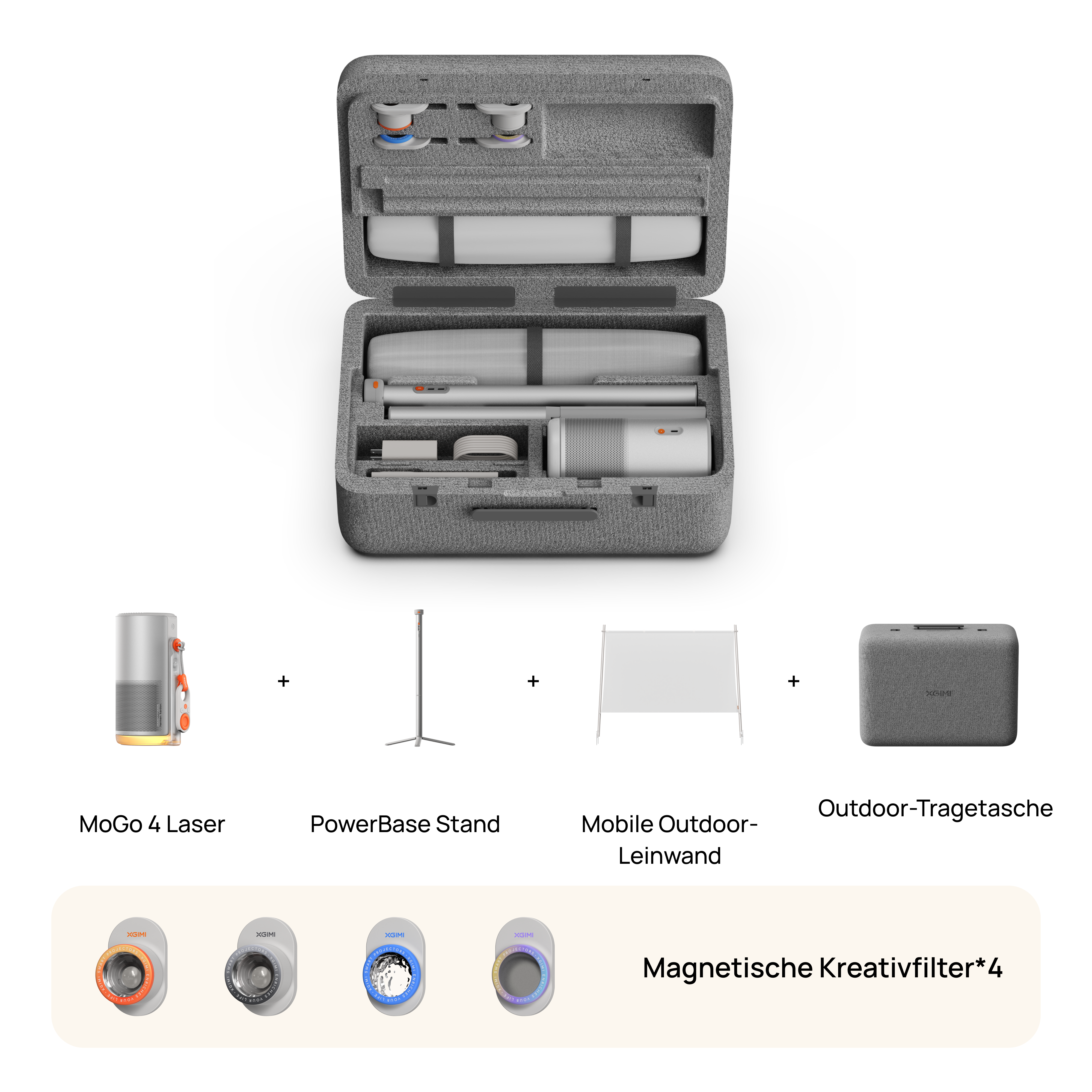 Die XGIMI MoGo 4 Laser Outdoor Set besteht aus einem tragbaren Laserprojektor, einem PowerBase-Ständer, einer Outdoor-Leinwand, einer Tragetasche und vier Filtern.