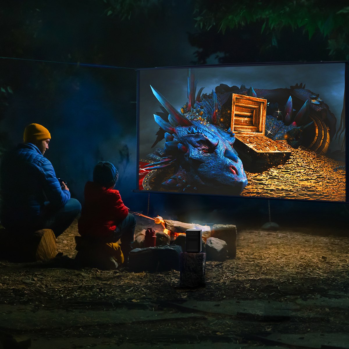 Genießen Sie Camping-Unterhaltung mit dem tragbaren Projektor Halo+ 1080p FHD